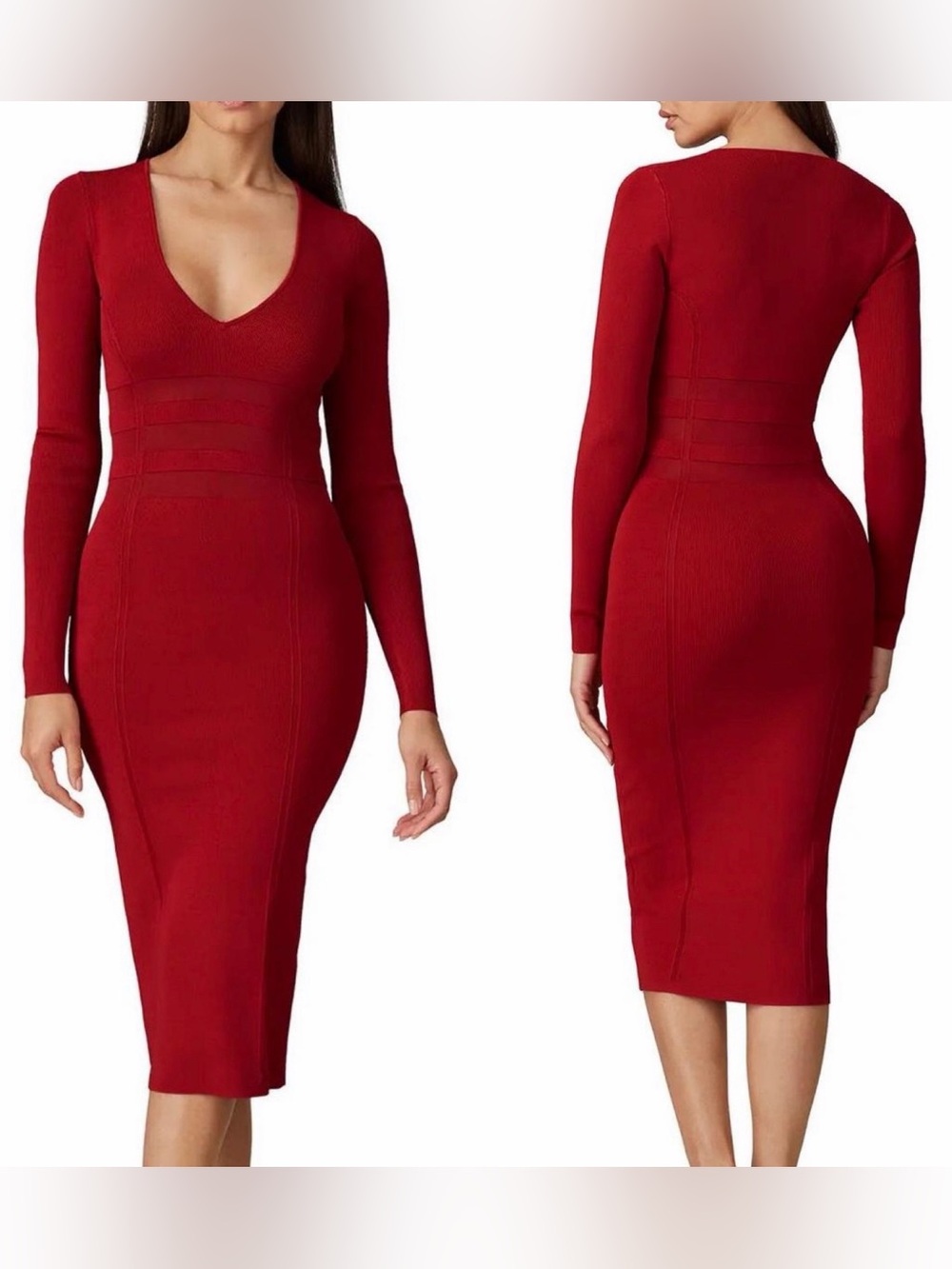 Good American Red Long-Sleeve V-Neck Bodycon Midi sexy  Dress large Worn on TV⭐️